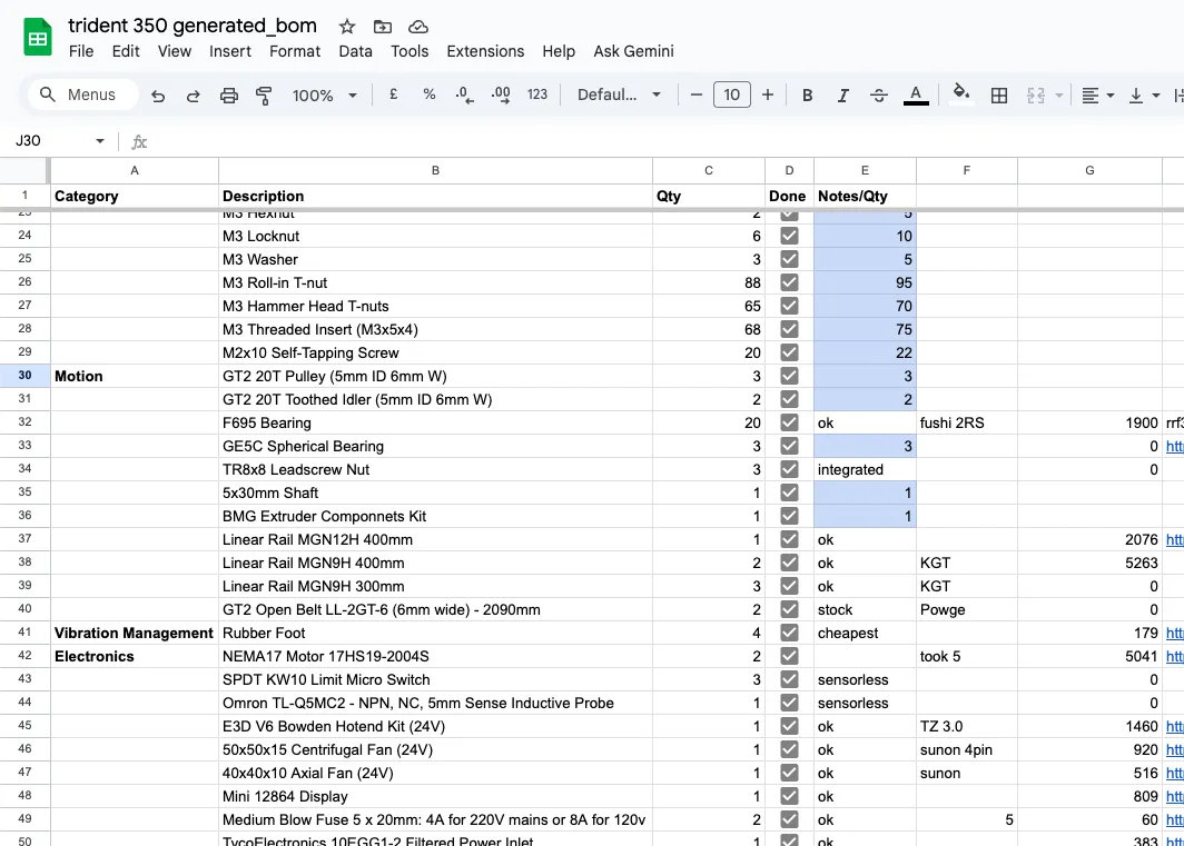 Tracking BOM progress using Google Sheets