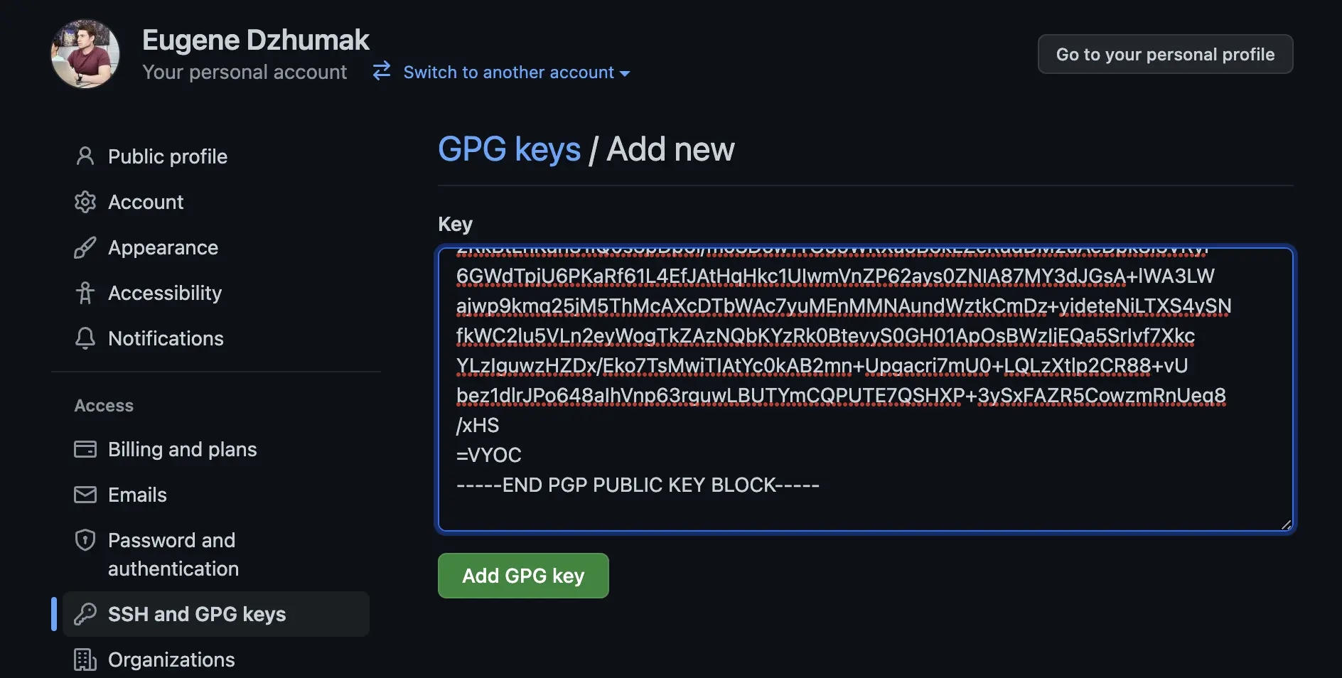 Adding GPG key on GitHub
